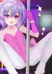 Rule 34 | 1girl, braid, breasts, dhiparizky, heels, legs, leotard, long hair, looking at viewer, neptune (series), pole, pole dancing, purple hair, pururut, red eyes, small breasts, smile, solo, squatting, thighs