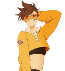 Rule 34 | alternate costume, arm behind head, arm up, bad id, bad twitter id, black shorts, brown eyes, brown hair, buttons, casual, closed mouth, crop top, cropped shirt, ear piercing, freckles, goggles, long sleeves, midriff, navel, overwatch, overwatch 1, perio 67, piercing, shirt, short hair, short shorts, shorts, simple background, smile, solo, spiked hair, swept bangs, tracer (overwatch), union jack, upper body, white background, yellow shirt