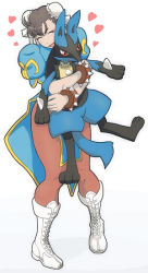 Rule 34 | 00s, 1990s (style), 1girl, boots, bracelet, brown hair, bun cover, capcom, china dress, chinese clothes, chun-li, creatures (company), crossover, double bun, dress, closed eyes, game freak, gen 4 pokemon, heart, hug, hug from behind, jewelry, lucario, nintendo, pantyhose, pelvic curtain, pokemon, pokemon (creature), spiked bracelet, spikes, street fighter, street fighter ii (series), thick thighs, thighs