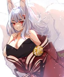 Rule 34 | 1girl, alinafoxglove, animal ear fluff, animal ears, black leotard, breasts, cleavage, clenched hand, commentary, english commentary, fox ears, fox tail, highres, japanese clothes, kimono, large breasts, leaning forward, leotard, medium hair, mixed-language commentary, multiple tails, nijisanji, nijisanji en, nina kosaka, nina kosaka (1st costume), off shoulder, red eyes, red kimono, russian commentary, silver hair, smile, solo, tail, virtual youtuber, white background