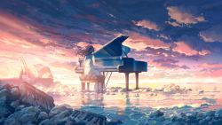 Rule 34 | 1girl, absurdres, black hair, cloud, cloudy sky, copyright request, evening, from behind, full body, grand piano, hair lift, highres, horizon, indie utaite, instrument, long hair, music, outdoors, piano, piano bench, piano keys, playing instrument, playing piano, ruins, scenery, shijohane, shirt, shore, sitting, skirt, sky, sleeveless, sleeveless shirt, solo, twilight, wading, water, white shirt, white skirt, wind, wind lift