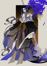 Rule 34 | 1boy, absurdres, aduan, bare shoulders, black hair, colored sclera, commentary, english commentary, flower, full-body tattoo, gradient kimono, highres, holding, holding scythe, japanese clothes, kayn (league of legends), kimono, leaf, league of legends, long hair, male focus, nipples, open mouth, purple flower, scythe, shadow assassin kayn, simple background, smile, solo, tattoo, teeth, topless male, upper teeth only, very long hair, white eyes