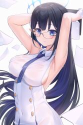Rule 34 | 1girl, :|, armpits, arms behind head, arms up, bare shoulders, black hair, blue archive, blue eyeliner, blue eyes, blue hair, blue halo, blue necktie, blush, breasts, closed mouth, collared dress, colored inner hair, covered navel, dress, eyeliner, giga-tera, glasses, gloves, halo, highres, large breasts, light blush, long hair, looking at viewer, makeup, multicolored hair, necktie, parted bangs, pointy ears, rimless eyewear, rin (blue archive), sideboob, simple background, sleeveless, slit pupils, solo, sweat, upper body, very long hair, wet, wet clothes, wet dress, white background, white gloves