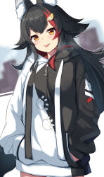 Rule 34 | 1girl, :p, animal ears, black hair, black jacket, brown eyes, hair ornament, hands in pockets, highres, hololive, jacket, long hair, long sleeves, looking at viewer, multicolored clothes, multicolored hair, multicolored jacket, ookami mio, ookami mio (casual), red hair, solo, streaked hair, tongue, tongue out, two-tone jacket, virtual youtuber, white jacket, wolf ears, wolf girl, yuuzuki (re&#039;ef)