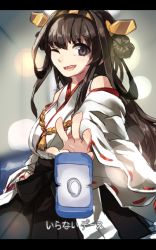 Rule 34 | 10s, 1girl, bad id, bad pixiv id, blue eyes, brown hair, double bun, hairband, japanese clothes, jewelry, kantai collection, kongou (kancolle), letterboxed, long hair, migihidari (puwako), nontraditional miko, one eye closed, ring, smile