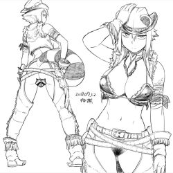 Rule 34 | 1girl, animal ears, araiguma-san, bandaged arm, bandages, bandana, belt, belt buckle, bikini, bikini top only, boots, breasts, buckle, censored, chaps, commentary, cowboy hat, cowboy western, cropped vest, dated, ears through headwear, female pubic hair, fringe trim, gloves, greyscale, gun, gunbelt, hand on headwear, hands on own hips, hat, holster, large breasts, legs apart, light frown, looking at viewer, looking back, monochrome, multiple views, navel, no panties, novelty censor, open clothes, open vest, original, pubic hair, raccoon, raccoon ears, raccoon tail, short hair, sidelocks, signature, sketch, swimsuit, tail, tsukudani (coke-buta), vest, weapon