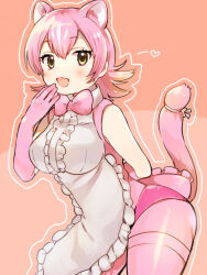 Rule 34 | 1girl, animal ears, apron, blush, bow, bowtie, breasts, brown eyes, cat ears, cat girl, cat tail, elbow gloves, eyelashes, gloves, highres, kemono friends, large breasts, open mouth, outline, panties, peach panther (kemono friends), pink bow, pink bowtie, pink fur, pink gloves, pink hair, pink panties, pink tail, pink thighhighs, short hair, solo, standing, suicchonsuisui, tail, tail bow, tail ornament, thighhighs, underwear, white outline