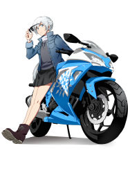 Rule 34 | 1girl, absurdres, bad id, bad pixiv id, blue hair, glasses, highres, kurohane, motor vehicle, motorcycle, pleated skirt, rwby, simple background, skirt, solo, vehicle, weiss schnee, white background, white hair