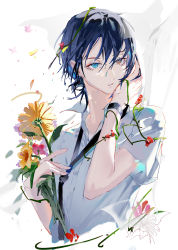 Rule 34 | 1boy, absurdres, ajiro shinpei, black hair, blue eyes, blurry, blurry background, brown eyes, byuey, collared shirt, commentary, cropped torso, dress shirt, facing viewer, falling petals, flower, hands up, heterochromia, highres, holding, holding flower, leaf, looking away, male focus, parted lips, petals, pink flower, shirt, short hair, simple background, summertime render, sunflower, upper body, watch, white background, white shirt, yellow flower