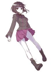 Rule 34 | 10s, 1girl, ankle boots, bad id, bad pixiv id, black footwear, black jacket, black socks, boots, brown eyes, brown hair, closed mouth, cross-laced footwear, dress shirt, full body, girls und panzer, jacket, kuromorimine military uniform, lace-up boots, light frown, long sleeves, looking at viewer, macho ojiji, military, military uniform, miniskirt, nishizumi maho, pleated skirt, red shirt, red skirt, shirt, short hair, simple background, skirt, socks, solo, standing, uniform, white background, wind