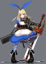 Rule 34 | 1girl, absurdres, alice (alice in wonderland), alice in wonderland, armor, black footwear, blonde hair, blue dress, blue eyes, brown gloves, checkered floor, closed mouth, corset, dress, earrings, gauntlets, gloves, grey background, haiiro gundan, hand on own hip, highres, holding, holding sword, holding weapon, huge weapon, jewelry, long hair, makeup, original, pauldrons, scabbard, sheath, sheathed, shoulder armor, simple background, solo, striped clothes, striped thighhighs, sword, thighhighs, unsheathed, w, weapon