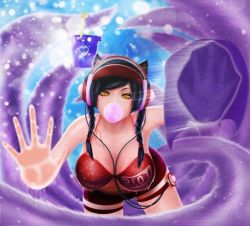 Rule 34 | 1boy, 1girl, ahri (league of legends), alternate costume, alternate hairstyle, artist request, bent over, black hair, breasts, bucket, cleavage, gradient background, hanging breasts, league of legends, leaning forward, long hair, looking at viewer, solo, tail, wet, wiping, yellow eyes