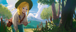 Rule 34 | 1girl, bag, blonde hair, blue eyes, blue ribbon, blurry, blurry background, book, braid, brown bag, cloud, day, feathers, fence, flower, grass, hair ribbon, hat, hat feather, hat ornament, highres, holding, holding book, leaning forward, long hair, mountain, omegu, open mouth, original, outdoors, pants, ribbon, shirt, sidelocks, single braid, sky, solo, tree, white shirt, yellow flower