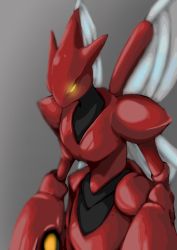 Rule 34 | claws, commentary, creatures (company), game freak, gen 2 pokemon, glowing, glowing eyes, grey background, highres, hirohiro (user ceac8235), horns, insect wings, metal skin, nintendo, no humans, no pupils, pokemon, pokemon (creature), scizor, shiny skin, solo, wings, yellow eyes