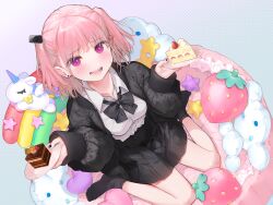 Rule 34 | 1girl, black bow, black bowtie, black jacket, black nails, black skirt, black socks, blush, bow, bowtie, breasts, cake, chocolate cake, collared shirt, commentary, earrings, food, fruit, fuzuki fuuro, hair ornament, heart, heart-shaped pillow, highres, holding, holding plate, jacket, jewelry, medium breasts, medium hair, nail polish, no shoes, open clothes, open jacket, open mouth, original, pillow, pink eyes, pink hair, plate, pleated skirt, shirt, sitting, skirt, smile, socks, solo, strawberry, strawberry shortcake, stud earrings, stuffed strawberry, stuffed unicorn, sweatdrop, symbol-only commentary, teeth, twintails, wariza, white shirt