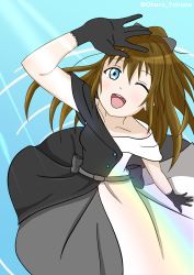 Rule 34 | 1girl, ;), absurdres, aqua eyes, artist name, artist request, back bow, bare shoulders, belt, black dress, black gloves, black skirt, blue eyes, blue sky, blush, bow, breasts, brown hair, buttons, choker, cleavage, cloud, collarbone, day, dress, drop earrings, earrings, female focus, gloves, grey belt, grey bow, grey skirt, hair between eyes, hair bow, hand over head, high ponytail, highres, jewelry, lace, lace gloves, long hair, looking at viewer, love live!, love live! nijigasaki high school idol club, love live! school idol festival, multicolored clothes, necklace, off-shoulder dress, off shoulder, one eye closed, osaka shizuku, outdoors, parted lips, ponytail, sidelocks, skirt, sky, sleeveless, sleeveless dress, small breasts, smile, solitude rain (love live!), solo, two-tone dress, white bow, white dress, white skirt