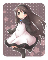 Rule 34 | 1girl, 5pb., agnes oblige, bad id, bad pixiv id, blush, boots, bravely default: flying fairy, bravely default (series), brown eyes, brown hair, capelet, dress, elbow gloves, flat chest, gloves, hairband, long hair, looking at viewer, mizuno mumomo, open mouth, solo, star (symbol), very long hair