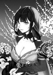 Rule 34 | 1girl, artist name, braid, breasts, bridal gauntlets, choker, cleavage, collarbone, floral background, genshin impact, greyscale, highres, ink, japanese clothes, kimono, large breasts, light smile, long hair, long sleeves, looking at viewer, low-braided long hair, low-tied long hair, luffie, mole, mole under eye, monochrome, obi, obiage, obijime, own hands together, print kimono, raiden shogun, ribbon choker, sash, shrug (clothing), solo, tassel, tomoe (symbol), upper body