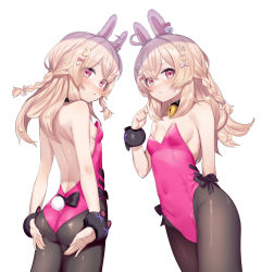 Rule 34 | 1girl, animal ears, arm behind back, ass, backless leotard, bare shoulders, black choker, black pantyhose, blonde hair, blush, braid, breasts, choker, closed mouth, from behind, hair ornament, highres, leotard, long hair, looking at viewer, minutachi, multiple views, pantyhose, phase connect, pink eyes, pipkin pippa, playboy bunny, rabbit ears, rabbit hair ornament, rabbit tail, sideboob, simple background, single braid, small breasts, solo, tail, thighs, virtual youtuber, white background