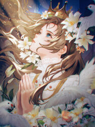 1girl bird blue_background blue_eyes brown_hair bud chinese_commentary commentary_request crown dove eyelashes fingernails floating_hair flower frilled_shirt frills gold_crown hair_flower hair_ornament head_tilt highres lace lace-trimmed_shirt lace_trim light_particles light_rays lily_(flower) lipstick long_hair long_sleeves looking_up makeup original own_hands_together parted_lips pink_flower pink_rose red_lips rose shirt solo turtleneck turtleneck_shirt upper_body very_long_hair white_flower white_shirt youlizi-yuri