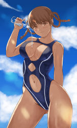 Rule 34 | 1girl, bare arms, blue one-piece swimsuit, blue sky, blush, bottle, braid, breasts, brown eyes, brown hair, cleavage, cleavage cutout, clothing cutout, cloud, cutout above navel, dead or alive, gluteal fold, highleg, highleg swimsuit, highres, holding, holding bottle, lei fang, looking at viewer, medium breasts, navel cutout, one-piece swimsuit, outdoors, popo agaga, sky, smile, solo, sunlight, swimsuit, thighhighs, twin braids, water bottle, wet, wet clothes, wet swimsuit