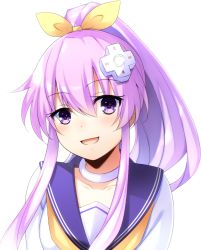 Rule 34 | 1girl, :d, blush, bow, collarbone, commentary request, d-pad, d-pad hair ornament, doria (p f dolia), hair between eyes, hair bow, hair ornament, long hair, looking at viewer, neckerchief, nepgear, neptune (series), open mouth, ponytail, purple eyes, purple hair, sailor collar, school uniform, serafuku, sidelocks, simple background, smile, solo, upper body, white background, yellow bow, yellow neckerchief
