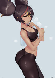 Rule 34 | 1girl, absurdres, alternate costume, artist request, ass, bare shoulders, black hair, blonde hair, breasts, brown eyes, dark skin, dimples of venus, genshin impact, highres, leggings, long hair, looking at viewer, medium breasts, multicolored hair, one eye closed, pants, parted lips, red hair, shiny clothes, shiny skin, smile, solo, sports bra, steam, sweat, tight clothes, tight pants, twintails, wink, xinyan (genshin impact)
