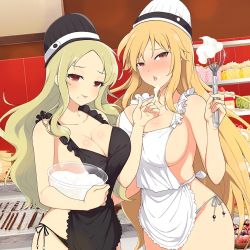 Rule 34 | 2girls, apron, arm between breasts, bare hips, bare legs, bare shoulders, between breasts, bikini, blush, breast press, breasts, cake, chef hat, cleavage, collarbone, cooking, cream, cream on face, food, food on face, hat, highres, kumi (senran kagura), large breasts, looking at viewer, mole, mole under mouth, multiple girls, naked apron, open mouth, red eyes, revealing clothes, senran kagura, sexually suggestive, shiki (senran kagura), side-tie bikini bottom, sideboob, sweat, swimsuit, thick thighs, thighs, tongue, tongue out, underboob