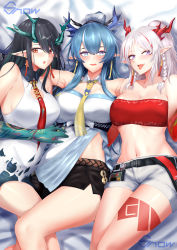 Rule 34 | 3girls, :d, :o, arknights, bandeau, bare shoulders, bed sheet, belt, black belt, black hair, blue eyes, blue hair, breasts, cleavage, collarbone, commentary request, detached collar, dress, dusk (arknights), hair between eyes, highres, horns, large breasts, ling (arknights), long hair, looking at viewer, lying, midriff, multicolored hair, multiple girls, navel, necktie, nian (arknights), on back, open mouth, parted lips, purple eyes, red eyes, red hair, red necktie, shirt, short shorts, shorts, siblings, silver hair, sisters, sleeveless, sleeveless dress, smile, snowyoooooo, stomach, strapless, strapless shirt, streaked hair, thighs, tongue, tongue out, tube top, white dress, white shirt, white shorts, yellow necktie