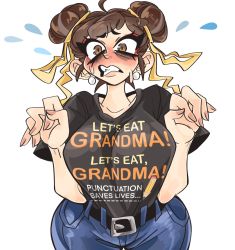 Rule 34 | 1girl, alternate costume, blush, breasts, brown eyes, brown hair, capcom, chun-li, clothes writing, denim, double bun, earrings, flying sweatdrops, hair bun, highres, jeans, jewelry, kecchi0, large breasts, mature female, pants, shirt, street fighter, street fighter 6, t-shirt, white background, wide hips