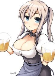 Rule 34 | 10s, 1girl, alcohol, alternate costume, beer, beer mug, blonde hair, blue eyes, breasts, cleavage, cup, dirndl, don (29219), dress, female focus, german clothes, graf zeppelin (kancolle), grey eyes, kantai collection, large breasts, long hair, mug, oktoberfest, smile, solo, twintails, underbust