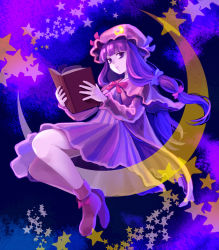 Rule 34 | 1girl, book, crescent moon, female focus, full body, hat, jino, long hair, moon, patchouli knowledge, purple eyes, purple hair, solo, touhou