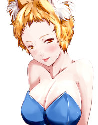 Rule 34 | 1girl, :p, alternate costume, animal ears, bare shoulders, blonde hair, breasts, cleavage, collarbone, dearmybrothers, female focus, forehead, fox ears, highres, large breasts, light smile, no headwear, short hair, solo, tongue, tongue out, touhou, upper body, yakumo ran