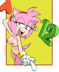 Rule 34 | 1girl, amy rose, arm behind head, arm up, artist name, border, bracelet, breasts, cleft of venus, completely nude, cowboy shot, crystal, earrings, eyelashes, feet out of frame, female focus, furry, furry female, gem, gloves, green eyes, hairband, half-closed eyes, hedgehog ears, hedgehog girl, hedgehog tail, highres, jewelry, large breasts, navel, nipples, nude, open mouth, pussy, red hairband, short hair, simple background, smile, snout, solo, sonic (series), sooperman, standing, teeth, tongue, uncensored, upper teeth only, white gloves, yellow background