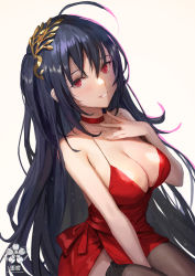 Rule 34 | 1girl, ahoge, azur lane, bare arms, bare shoulders, between legs, black hair, blush, breasts, brown thighhighs, choker, cleavage, cocktail dress, collarbone, dress, grin, hair ornament, hand on own chest, highres, large breasts, long hair, looking at viewer, official alternate costume, one side up, red dress, red eyes, sidelocks, simple background, sitting, sl86, sleeveless, sleeveless dress, smile, solo, spaghetti strap, taihou (azur lane), taihou (forbidden feast) (azur lane), thighhighs, very long hair, white background