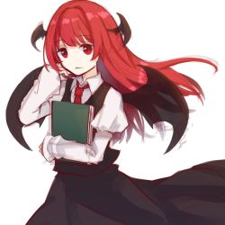 Rule 34 | 1girl, bat wings, black skirt, black vest, book, closed mouth, cowboy shot, expressionless, floating hair, hand up, head wings, highres, holding, holding book, juliet sleeves, koakuma, komeme 8, long hair, long sleeves, looking at viewer, necktie, one-hour drawing challenge, puffy long sleeves, puffy sleeves, red eyes, red hair, red necktie, simple background, skirt, solo, touhou, vest, white background, wing collar, wings