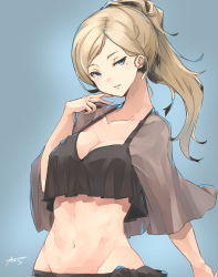 Rule 34 | 1girl, bikini, black bikini, blonde hair, blue background, blue eyes, breasts, cleavage, half-closed eyes, highres, kantai collection, large breasts, long hair, looking at viewer, mole, mole under eye, mole under mouth, navel, parted lips, ponytail, richelieu (kancolle), signature, simple background, solo, sunday aki, swimsuit