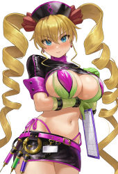 Rule 34 | 1girl, arm under breasts, bikini, bikini under clothes, black skirt, blonde hair, blue eyes, blush, breasts, claire harvey, cleavage, clipboard, closed mouth, cosplay, cowboy shot, earrings, elbow gloves, fate/grand order, fate (series), florence nightingale (fate), florence nightingale (trick or treatment) (fate), florence nightingale (trick or treatment) (fate) (cosplay), gloves, green gloves, hand on own chest, hat, highres, holding, holding clipboard, hundred (light novel), id card, jewelry, large breasts, legs together, long hair, looking at viewer, miniskirt, multicolored bikini, multicolored clothes, navel, nhaliz, nurse cap, official alternate costume, pencil skirt, pink ribbon, ribbon, scowl, short sleeves, shrug (clothing), side-tie bikini bottom, simple background, skirt, solo, stomach, swimsuit, syringe, thong, v-shaped eyebrows, variant set, very long hair, white background