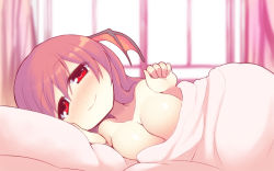 Rule 34 | 1girl, afterglow, bat wings, bed, bed sheet, blush, breasts, collarbone, female focus, head wings, koakuma, kuresento, large breasts, long hair, looking at viewer, lying, nude, pillow, red eyes, red hair, smile, solo, touhou, wings