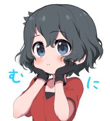 Rule 34 | 1girl, black gloves, black hair, blue eyes, blush, collarbone, commentary request, gloves, hands on own cheeks, hands on own face, highres, kaban (kemono friends), kemono friends, looking at viewer, no headwear, ransusan, red shirt, shirt, short hair, short sleeves, solo, t-shirt, translation request, upper body