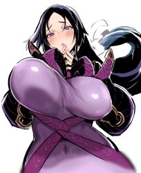 Rule 34 | 1girl, bad id, bad pixiv id, blush, bodysuit, bouncing breasts, breasts, covered navel, fate (series), huge breasts, long hair, minamoto no raikou (fate), nito (siccarol), purple eyes, purple hair, simple background, solo, white background