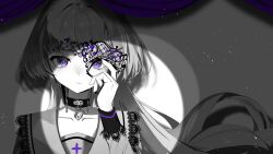 Rule 34 | 1girl, black choker, choker, closed mouth, curtains, dress, half mask, highres, light smile, limited palette, long hair, looking at viewer, mask, mikanoisi, purple eyes, simple background, smile, solo, spotlight, standing, vocaloid