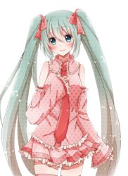 Rule 34 | 1girl, alternate color, aqua eyes, bad id, bad pixiv id, blush, detached sleeves, green hair, hair ribbon, hand on own chest, hatsune miku, hiro (hirohiro31), long hair, necktie, ribbon, simple background, skirt, sleeves past wrists, solo, thighhighs, twintails, very long hair, vocaloid, white background