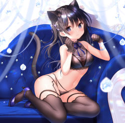 Rule 34 | 1girl, 3:, animal ears, artist name, bad id, bad pixiv id, bare arms, bare shoulders, black gloves, black hair, black panties, black thighhighs, blue eyes, blue footwear, blue ribbon, blurry, bra, breasts, cat ears, cat girl, cat tail, cleavage, closed mouth, collarbone, commentary request, couch, covered erect nipples, crop top, futaba miwa, garter straps, gloves, hair ribbon, hands up, high heels, highleg, highleg panties, lace, lace-trimmed bra, lace-trimmed legwear, lace-trimmed panties, lace trim, lingerie, long hair, looking at viewer, medium breasts, navel, no pants, on couch, one side up, original, panties, purple ribbon, ribbon, sidelocks, signature, solo, stomach, tail, thighhighs, thighs, underwear