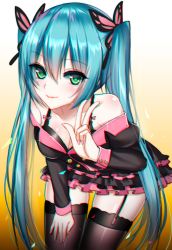 Rule 34 | 1girl, bad id, bad pixiv id, bare shoulders, black bra, black thighhighs, blue hair, blush, bra, breasts, chromatic aberration, cleavage, garter straps, green eyes, hatsune miku, honey whip (module), leaning forward, long hair, looking at viewer, meaomao, off shoulder, project diva (series), project diva f, smile, solo, sweet devil (vocaloid), thighhighs, twintails, underwear, vocaloid, w