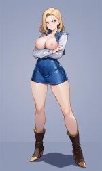 Rule 34 | 1girl, android 18, blonde hair, boots, breasts, closed mouth, commentary request, cropped jacket, crossed arms, dark night (darkotl), dragon ball, dragonball z, earrings, fingernails, full body, grey background, grey eyes, high heel boots, high heels, highres, jacket, jewelry, knee boots, lips, long sleeves, medium breasts, medium hair, miniskirt, nail polish, nipples, shadow, shiny clothes, simple background, skirt, sleeveless, sleeveless jacket, solo, standing
