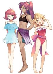 Rule 34 | 3girls, blue eyes, faris scherwiz, final fantasy, final fantasy v, green eyes, highres, krile mayer baldesion (ff5), lenna charlotte tycoon, long hair, looking at viewer, multiple girls, open mouth, pink hair, purple hair, short hair, siblings, simple background, sisters, smile, swimsuit, white background