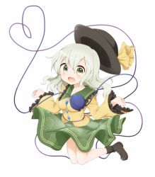 Rule 34 | 1girl, black hat, bow, commentary request, floral print, frilled sleeves, frills, green eyes, green hair, green skirt, hat, hat bow, heart, heart of string, jumping, komeiji koishi, looking at viewer, open mouth, skirt, solo, third eye, touhou, yamisaki (ymsk xx), yellow bow