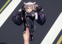 Rule 34 | 1girl, absurdres, ahoge, animal ears, anti-personnel weapon, black footwear, black jacket, black pantyhose, breasts, commentary, english commentary, explosive, fragmentation grenade, fur-trimmed jacket, fur trim, grenade, grey eyes, grey hair, gun, h&amp;k mp5k, hair between eyes, hand grenade, highres, holding, holding weapon, hololive, jacket, kieharo, large breasts, lion ears, lion girl, long hair, looking at viewer, messy hair, one eye closed, pantyhose, pointing weapon, rgd-5, safety pin, shirt, shishiro botan, shishiro botan (1st costume), sidelocks, single leg pantyhose, solo, striped clothes, striped shirt, submachine gun, thigh strap, torn clothes, torn pantyhose, twitter username, two side up, virtual youtuber, weapon, weapon request