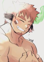 Rule 34 | 1boy, animal ears, bara, biceps, blush, closed eyes, commentary request, cow ears, facial hair, fiery horns, goatee, hand on own chest, highres, horns, igarashi (igarashi ta), male focus, pectorals, signature, smile, thick eyebrows, tokyo houkago summoners, topless male, upper body, wakan tanka, white background